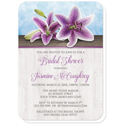 Pretty Floral Wood Purple Lily Bridal Shower Invitations (rounded corners) at Artistically Invited