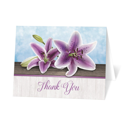 Pretty Floral Wood Purple Lily Thank You Cards at Artistically Invited
