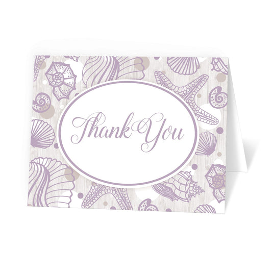 Purple Seashell Whitewashed Wood Beach Thank You Cards at Artistically Invited.