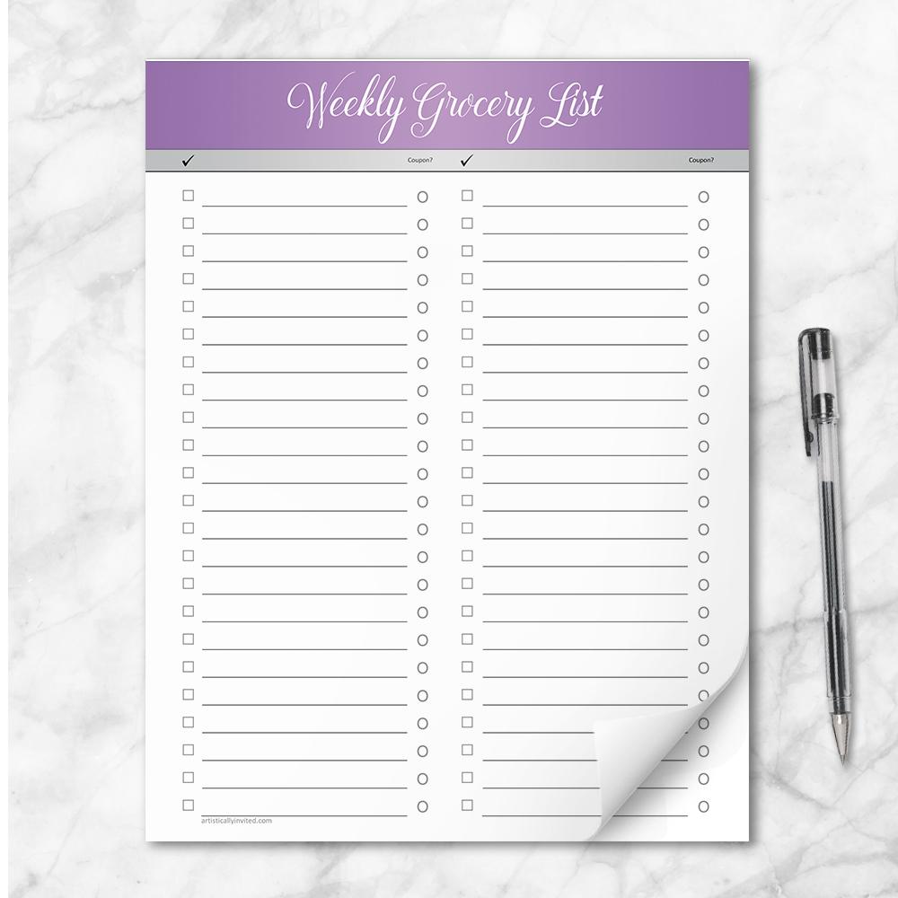 Purple Header Full Page Weekly Grocery List - 8.5" x 11" Notepad