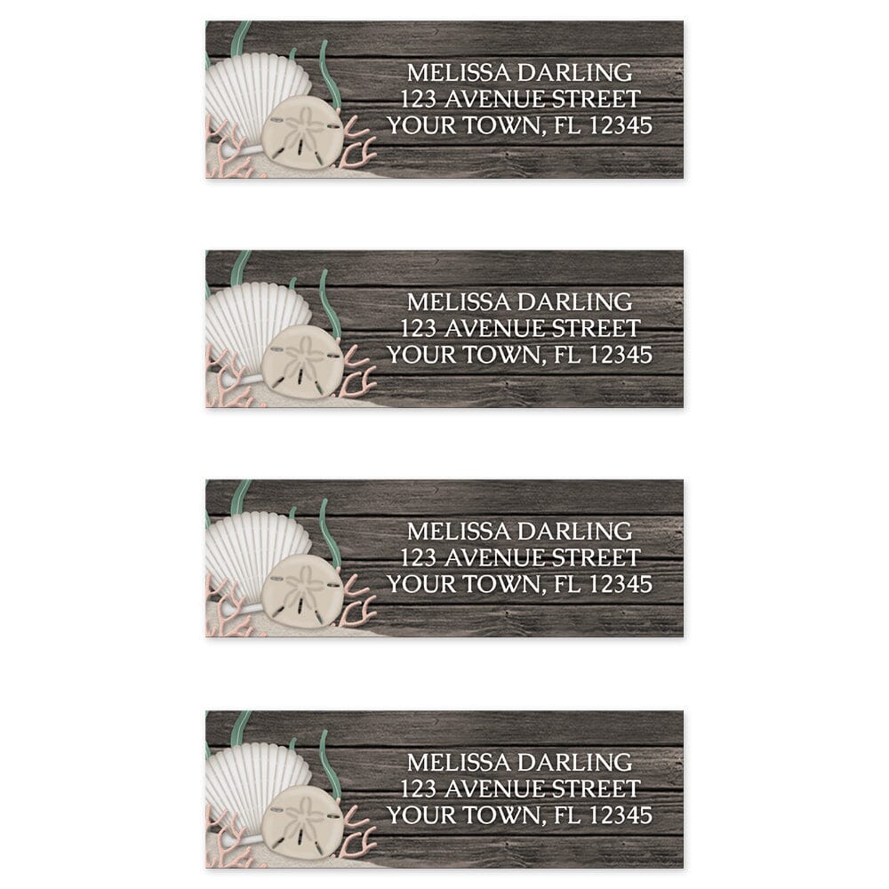 Rustic Beach Seashells and Wood Address Labels (4 to a sheet) at Artistically Invited.