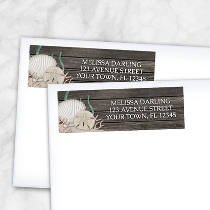 Rustic Beach Seashells and Wood Address Labels (shown on envelopes) at Artistically Invited.
