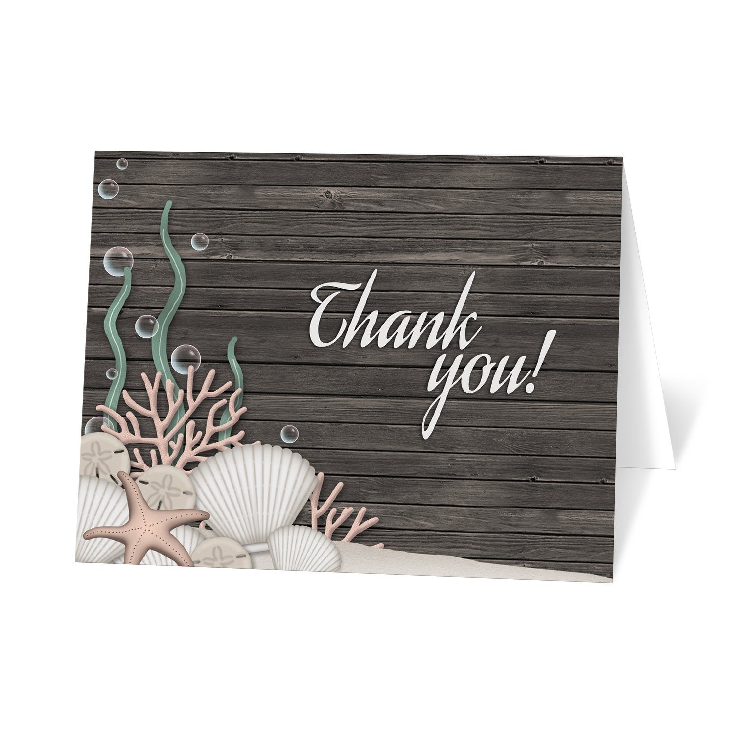 Rustic Beach Seashells and Wood Thank You Cards at Artistically Invited