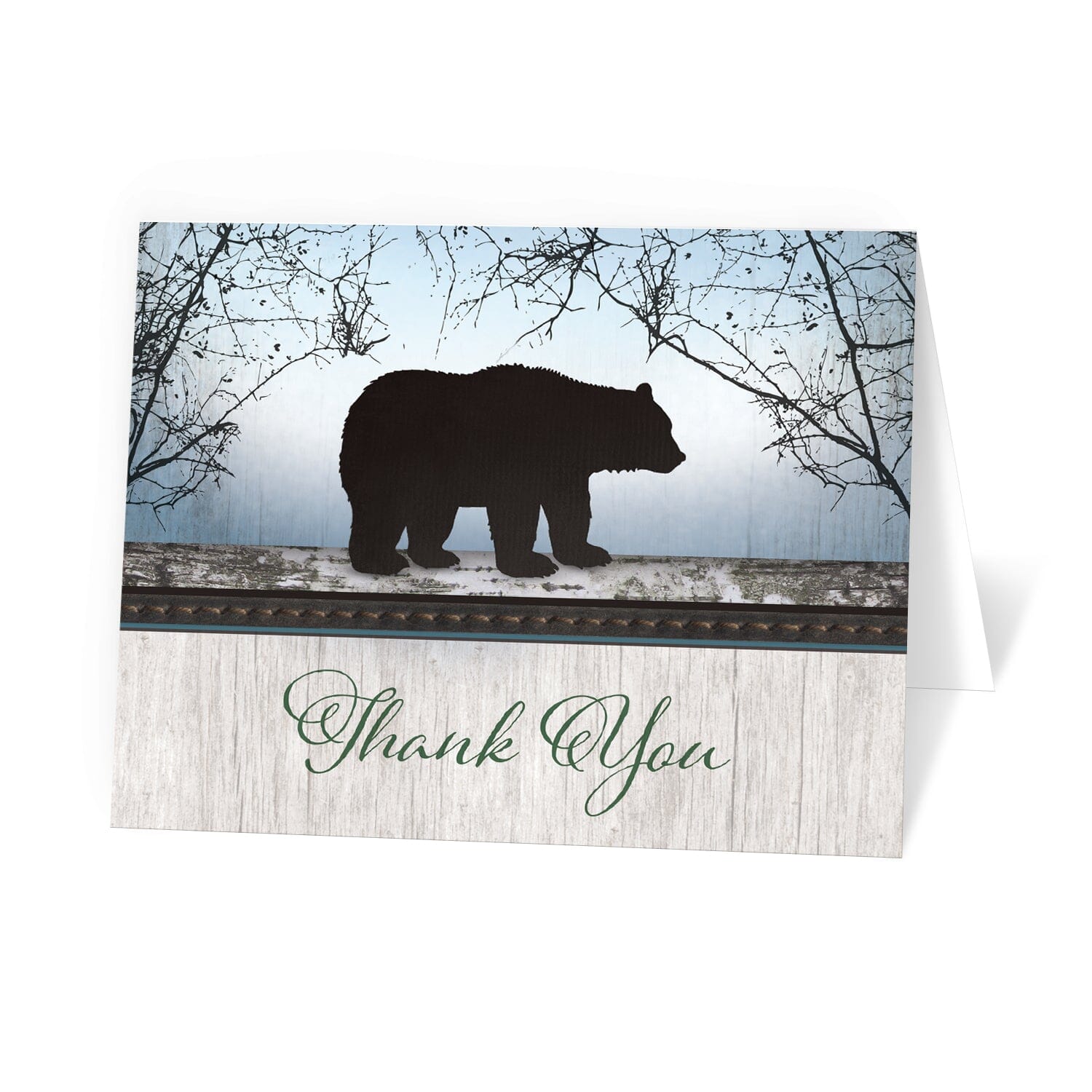 Rustic Bear Wood Green Blue Thank You Cards at Artistically Invited.