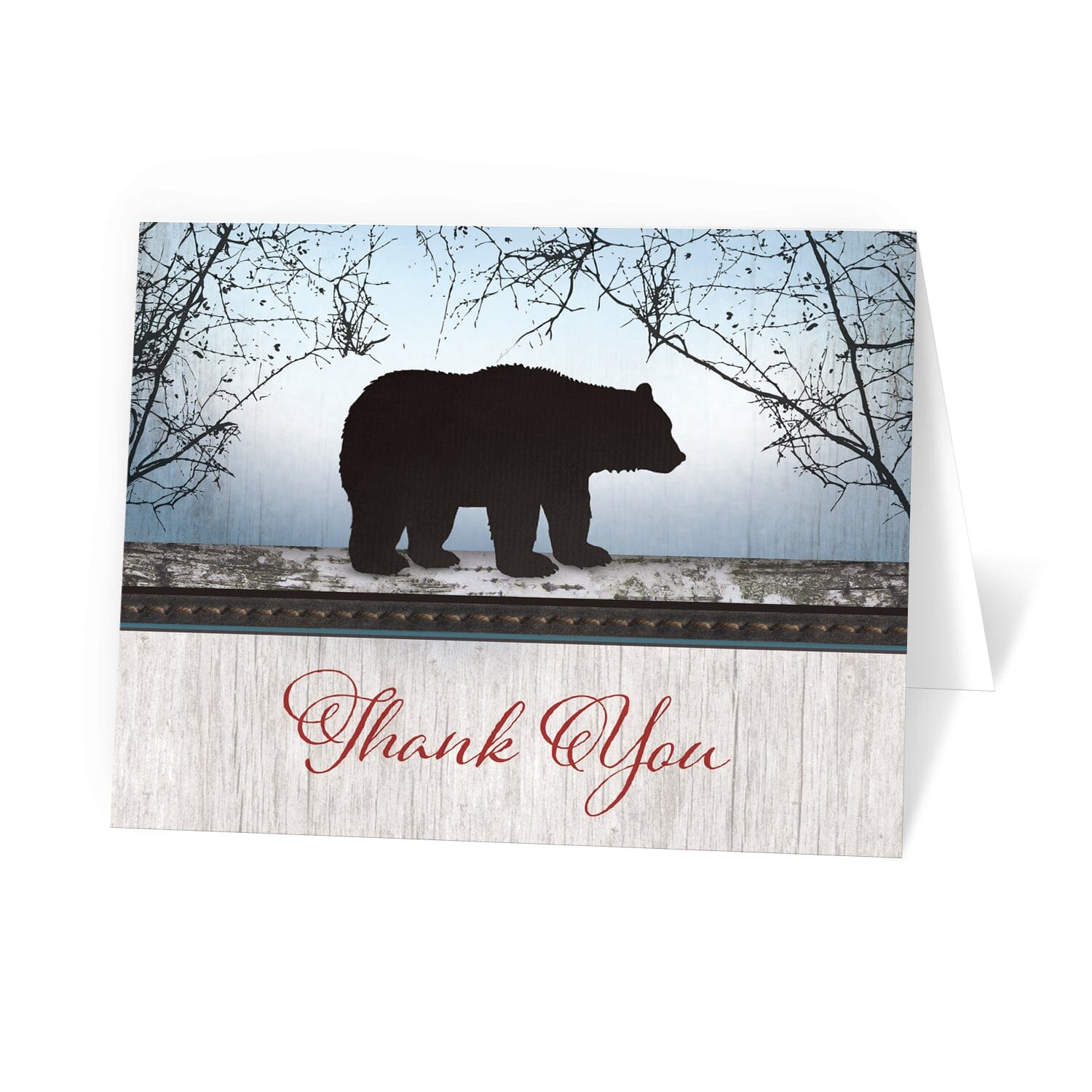 Rustic Bear Wood Red Blue Thank You Cards at Artistically Invited.