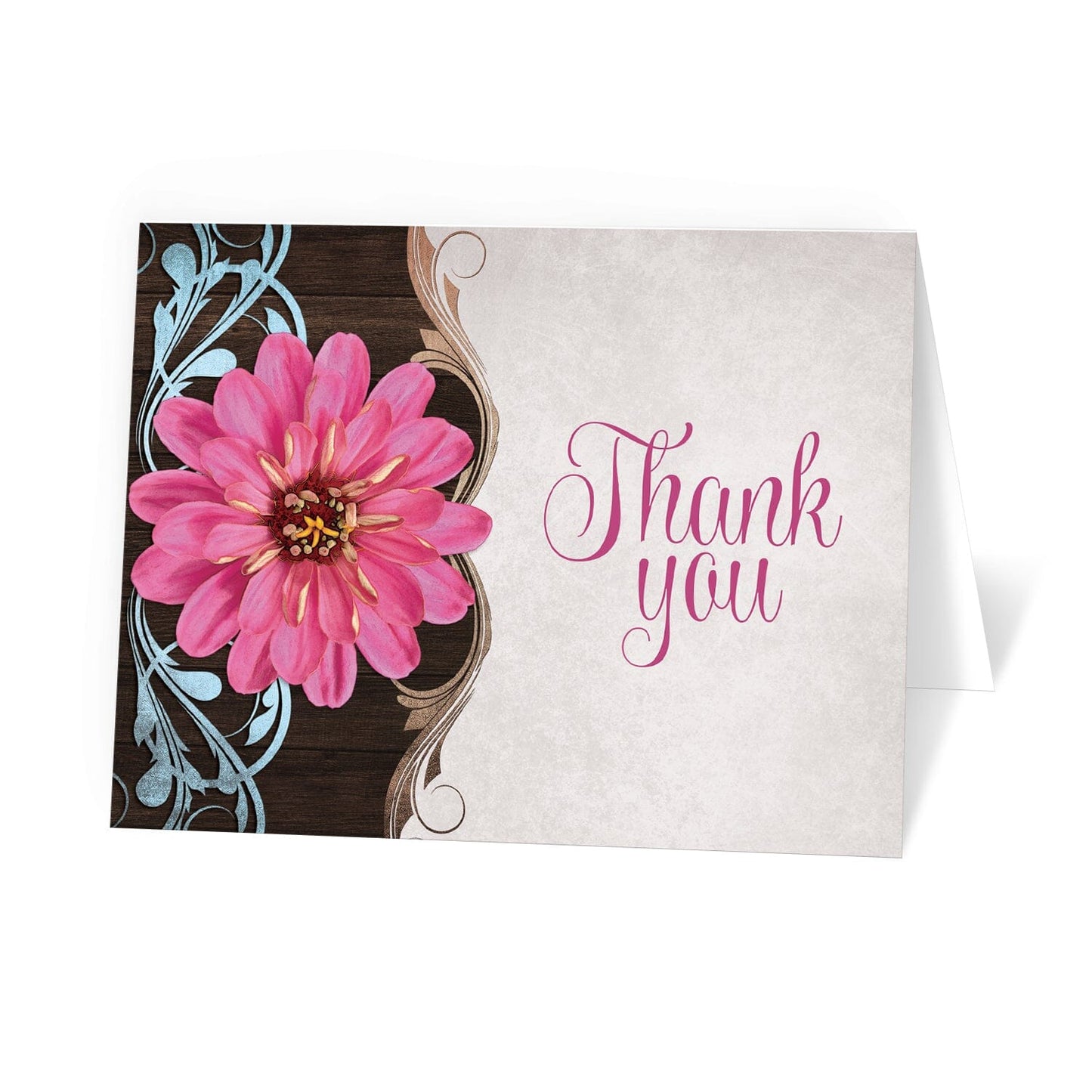 Rustic Country Pink Zinnia Thank You Cards at Artistically Invited.