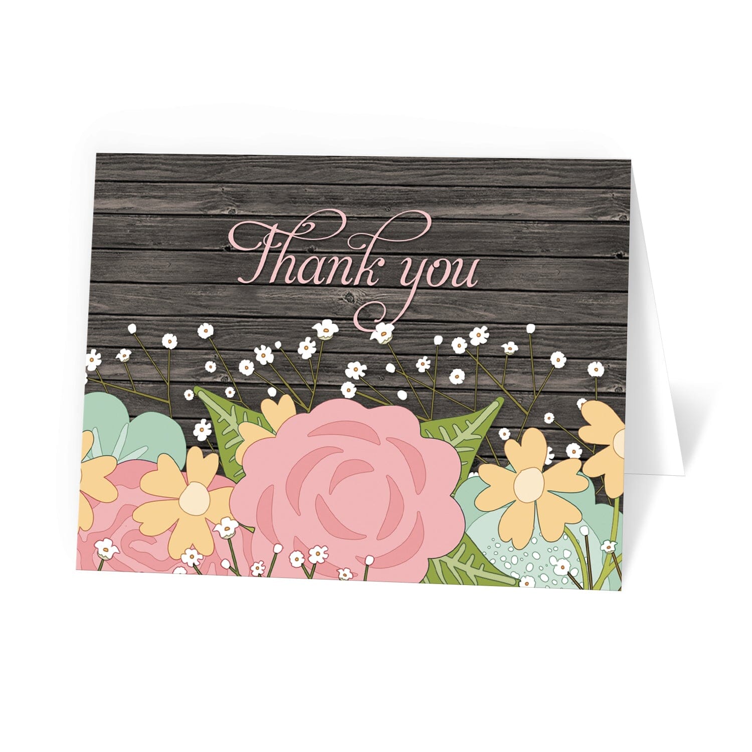 Rustic Floral Wood Baby's Breath Thank You Cards at Artistically Invited.