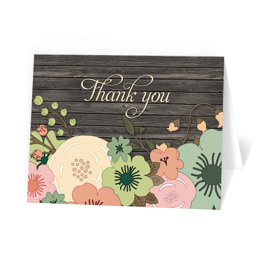 Rustic Orange Teal Floral Wood Thank You Cards at Artistically Invited.