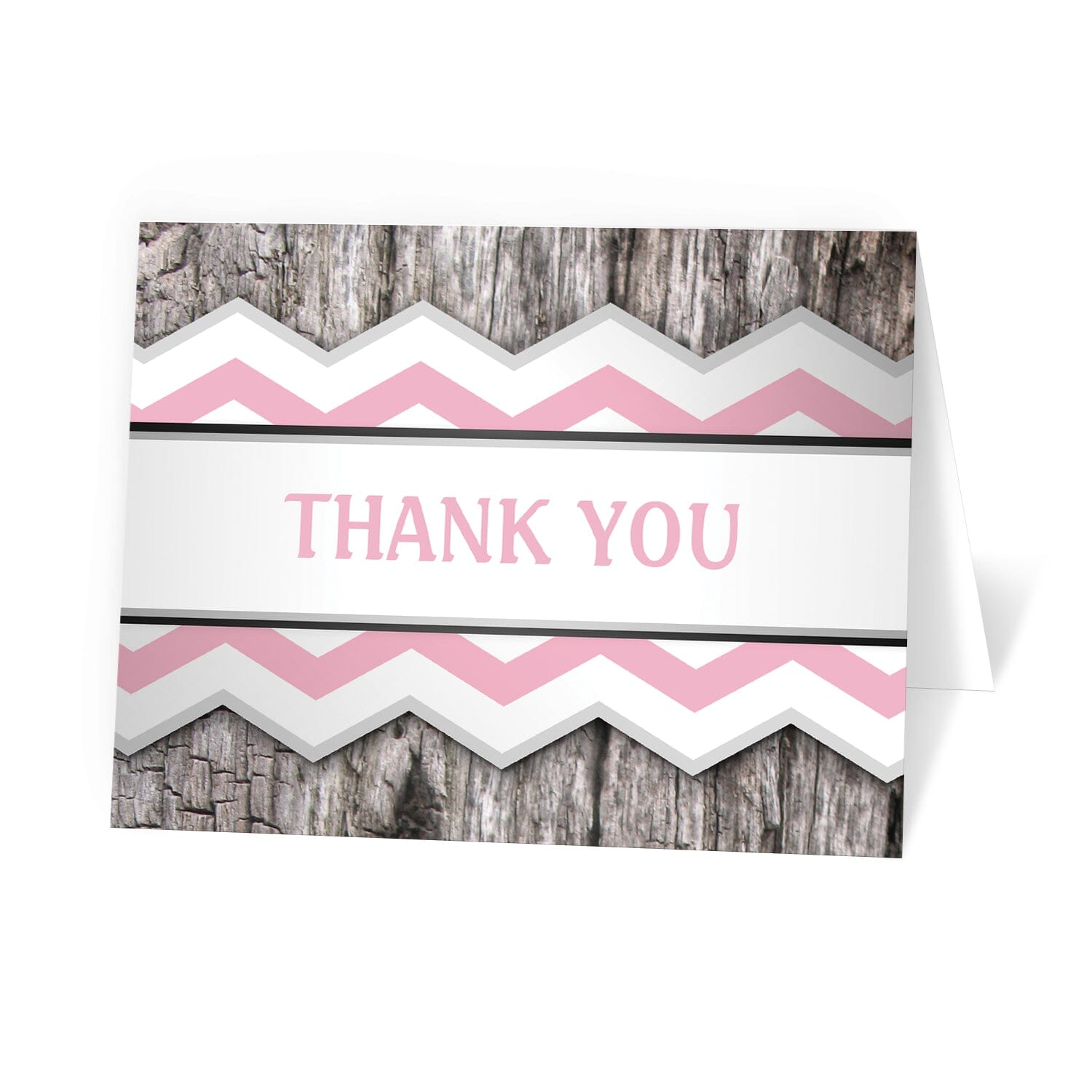 Rustic Pink Chevron and Wood Thank You Cards at Artistically Invited.