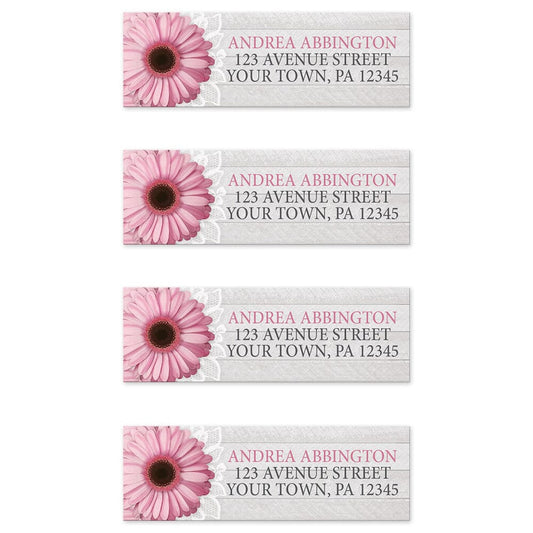 Rustic Pink Daisy Gray Wood Return Address Labels (4 to a sheet) at Artistically Invited.