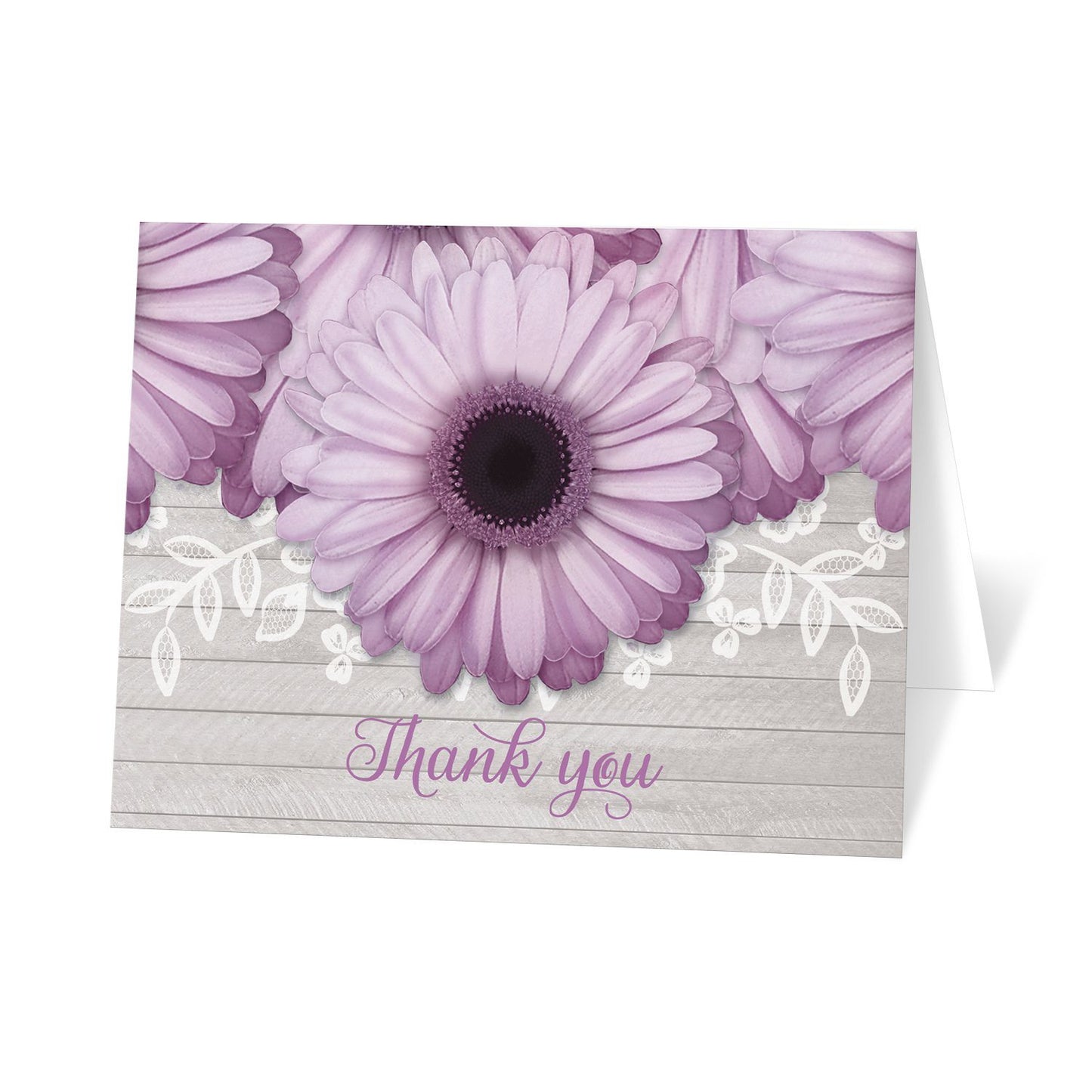 Rustic Purple Daisy Gray Wood Thank You Cards at Artistically Invited