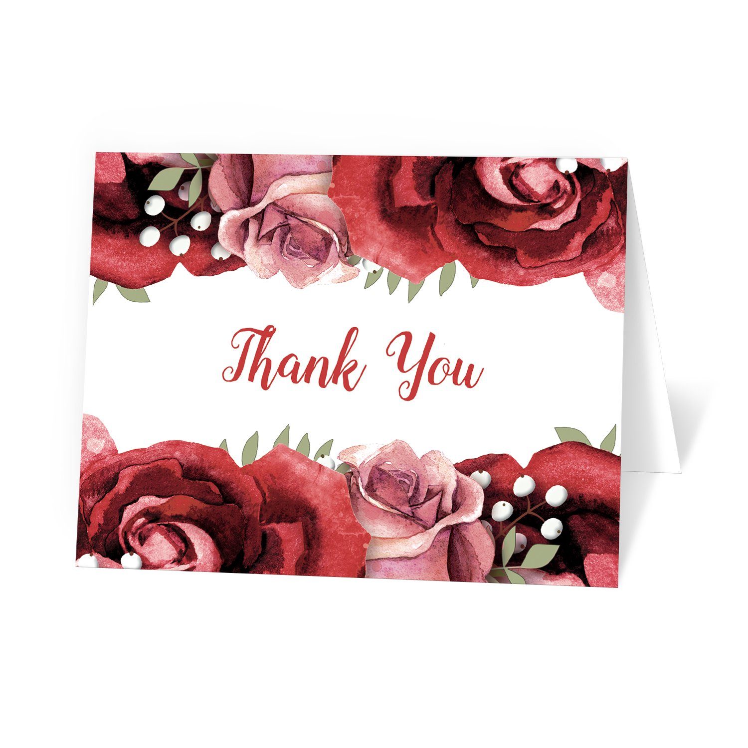 Rustic Red Pink Rose Green White Thank You Cards at Artistically Invited