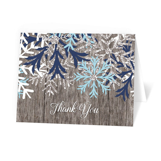 Rustic Snowflake Navy Aqua Wood Thank You Cards at Artistically Invited.