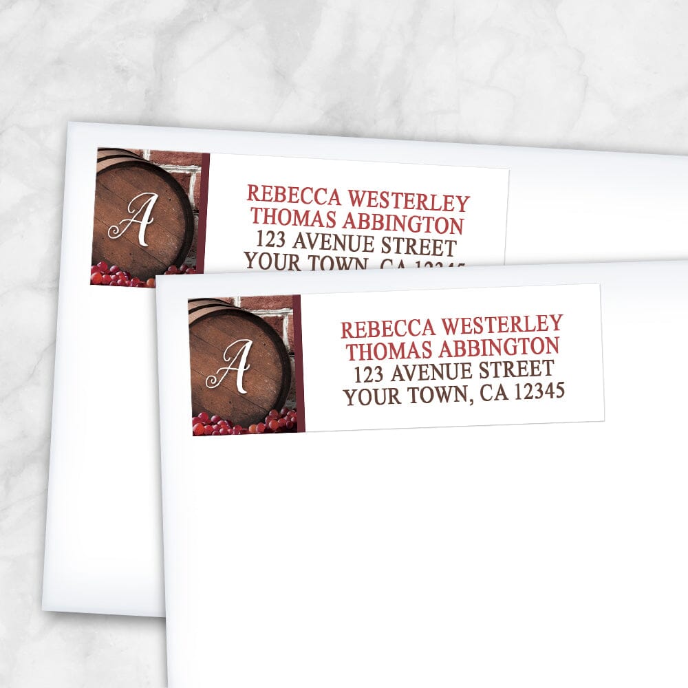 Rustic Wine Barrel Vineyard Monogram Address Labels (shown on envelopes) at Artistically Invited.