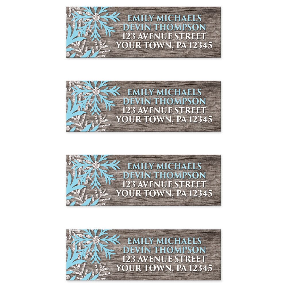 Rustic Winter Wood Blue Snowflake Address Labels (4 to a sheet) at Artistically Invited.