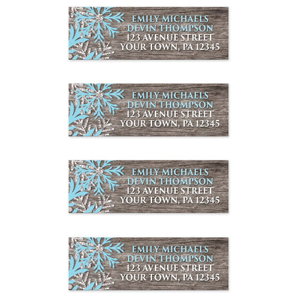 Rustic Winter Wood Blue Snowflake Address Labels (4 to a sheet) at Artistically Invited.