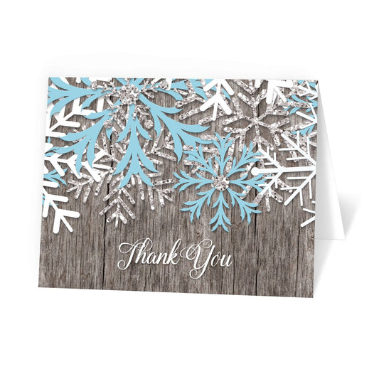 Rustic Winter Wood Blue Snowflake Thank You Cards at Artistically Invited.