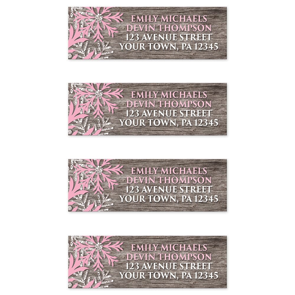 Rustic Winter Wood Pink Snowflake Address Labels (4 to a sheet) at Artistically Invited.