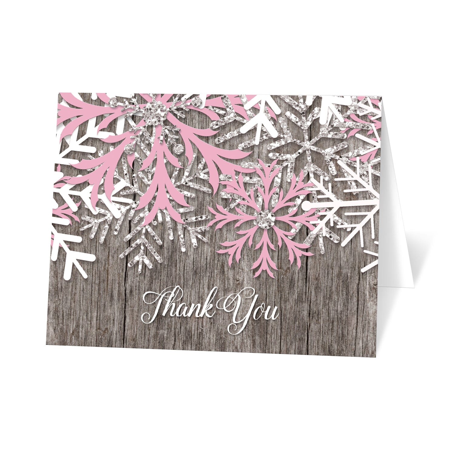 Rustic Winter Wood Pink Snowflake Thank You Cards at Artistically Invited.
