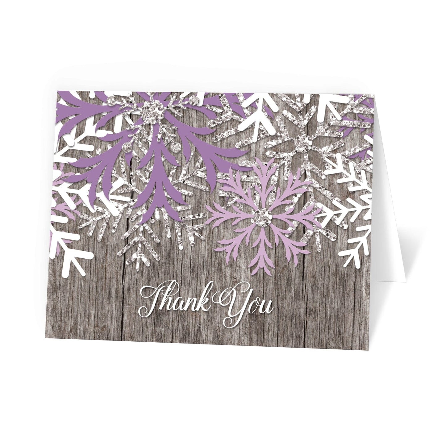 Rustic Winter Wood Purple Snowflake Thank You Cards at Artistically Invited.