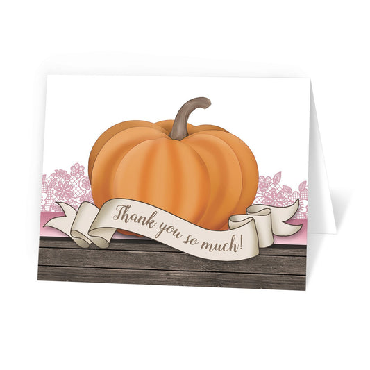 Rustic Orange Pink Pumpkin Thank You Cards at Artistically Invited
