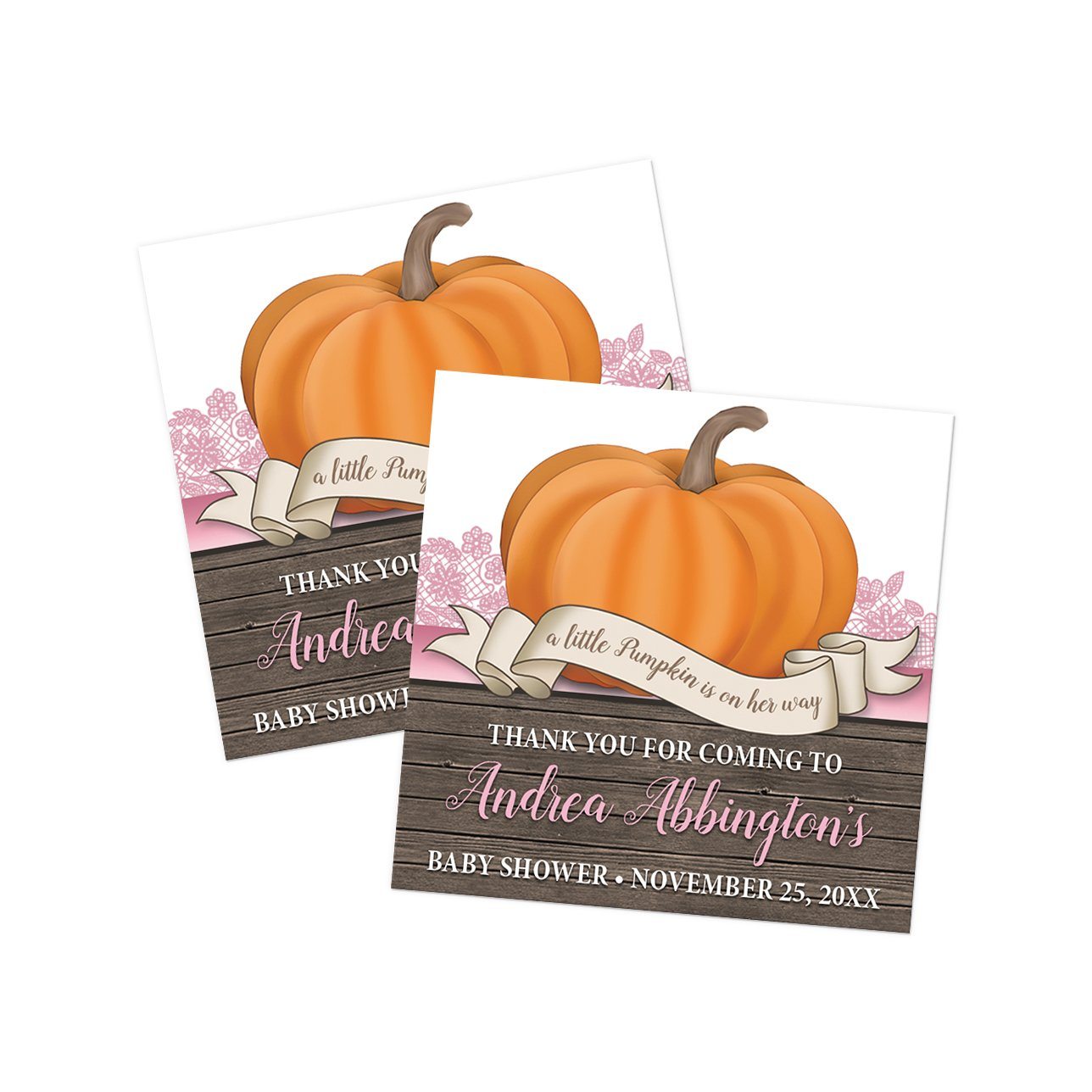 Rustic Orange Pink Pumpkin Thank You Stickers at Artistically Invited