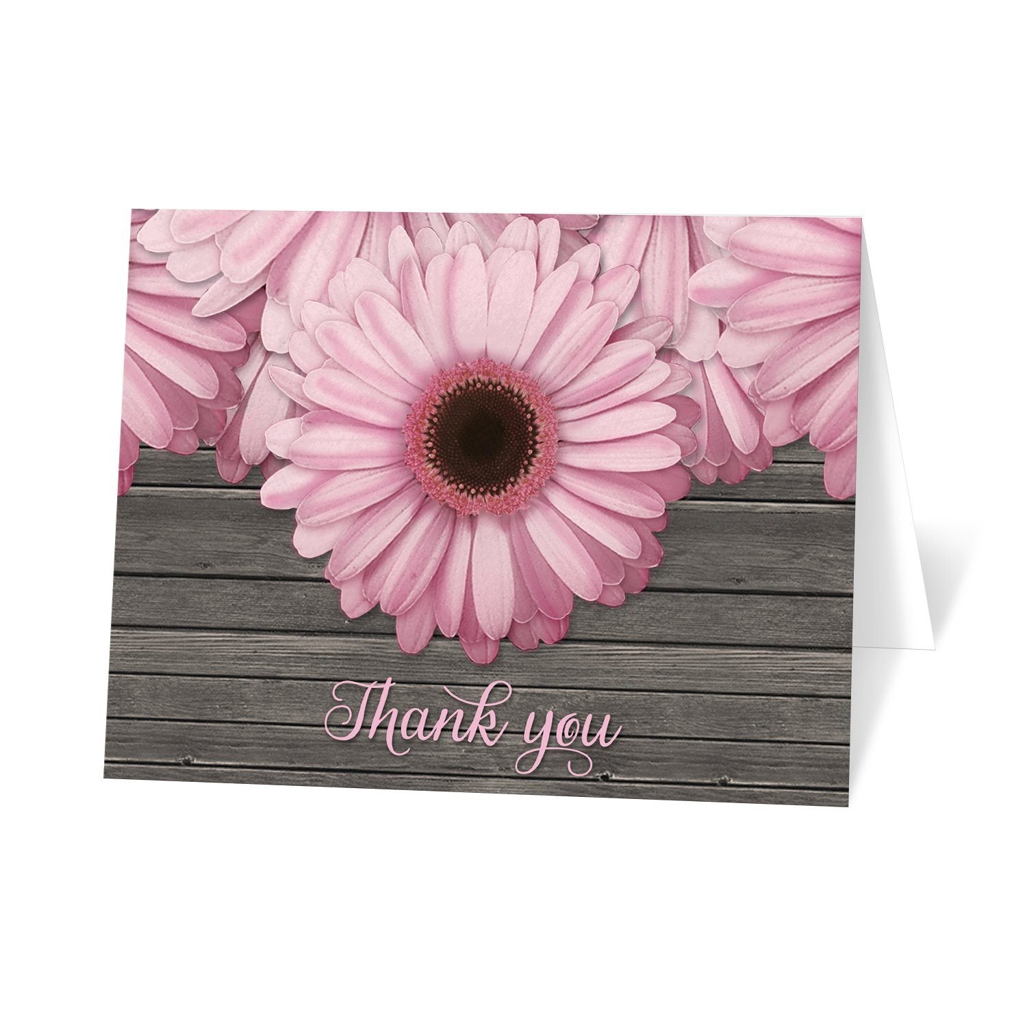 Rustic Pink Daisy Brown Wood Thank You Cards at Artistically Invited