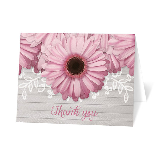 Rustic Pink Daisy Gray Wood Thank You Cards at Artistically Invited