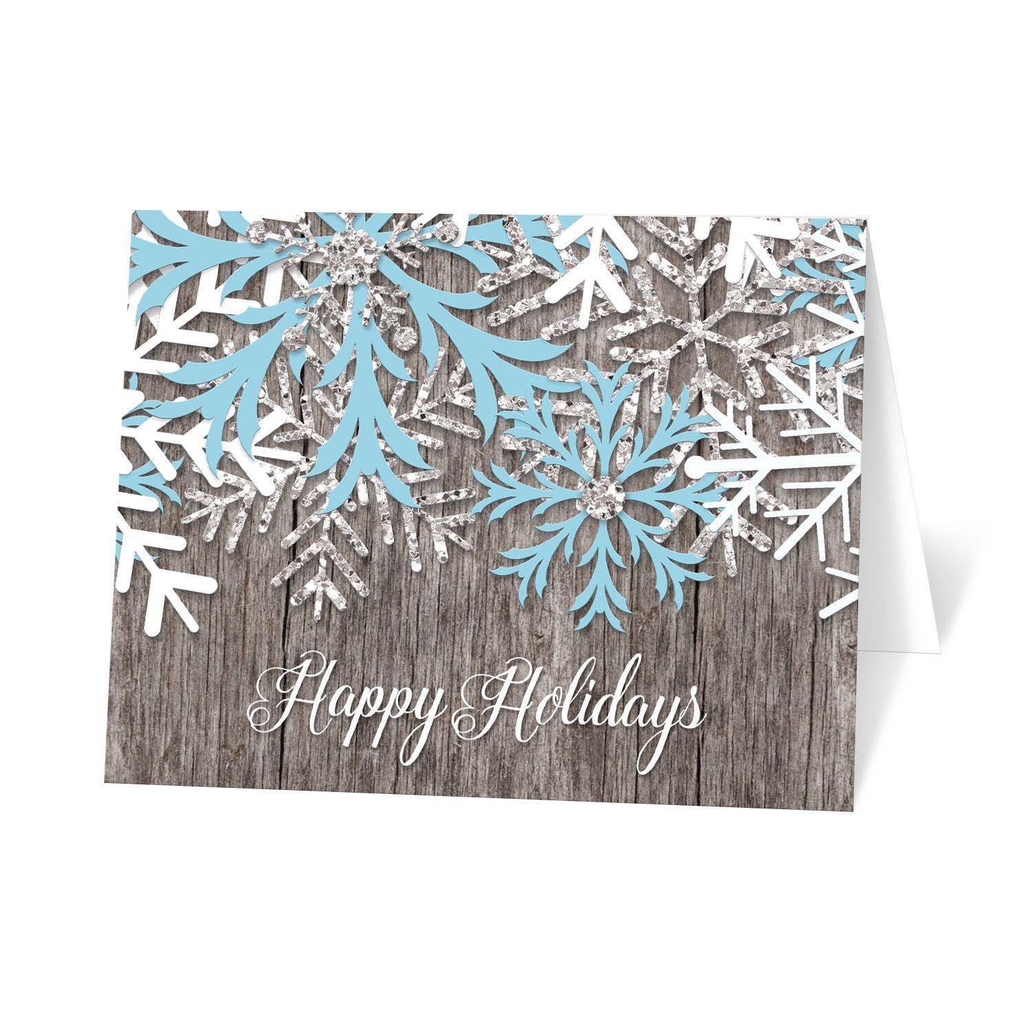 Rustic Winter Wood Blue Snowflake Holiday Cards at Artistically Invited