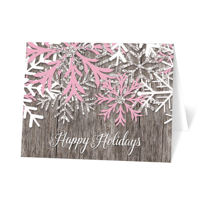 Rustic Winter Wood Pink Snowflake Holiday Cards at Artistically Invited