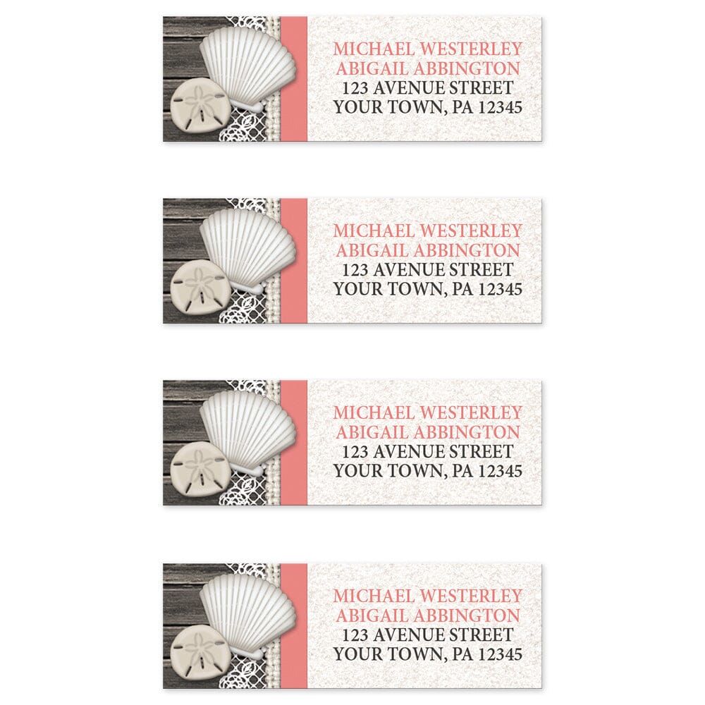 Seashell Lace Wood and Sand Coral Beach Address Labels (4 to a sheet) at Artistically Invited.
