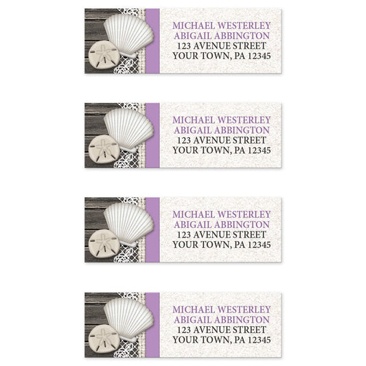 Seashell Lace Wood and Sand Purple Beach Address Labels (4 to a sheet) at Artistically Invited.