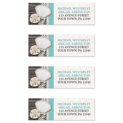 Seashell Lace Wood and Sand Teal Beach Address Labels (4 to a sheet) at Artistically Invited.