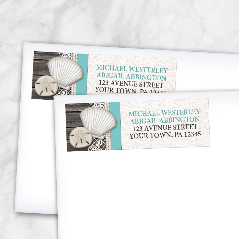 Seashell Lace Wood and Sand Teal Beach Address Labels (shown on envelopes) at Artistically Invited.