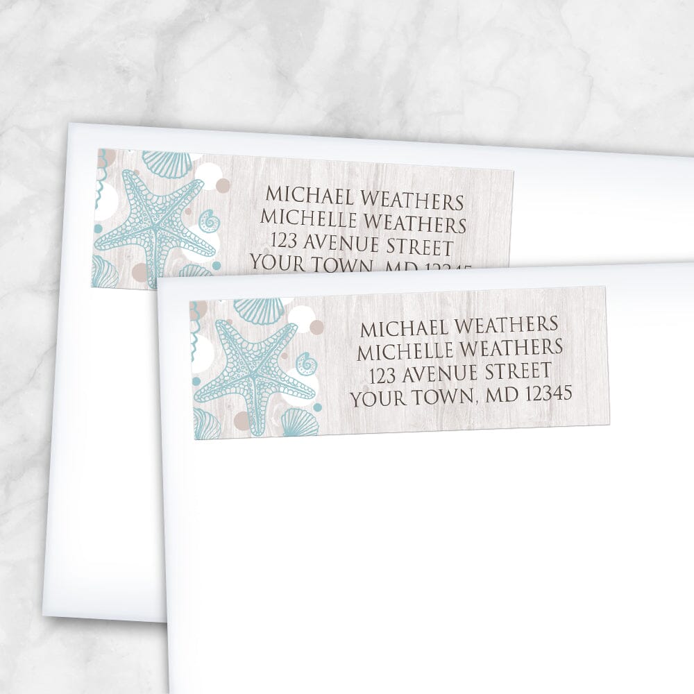 Seashell Whitewashed Wood Beach Address Labels (shown on envelopes) at Artistically Invited.
