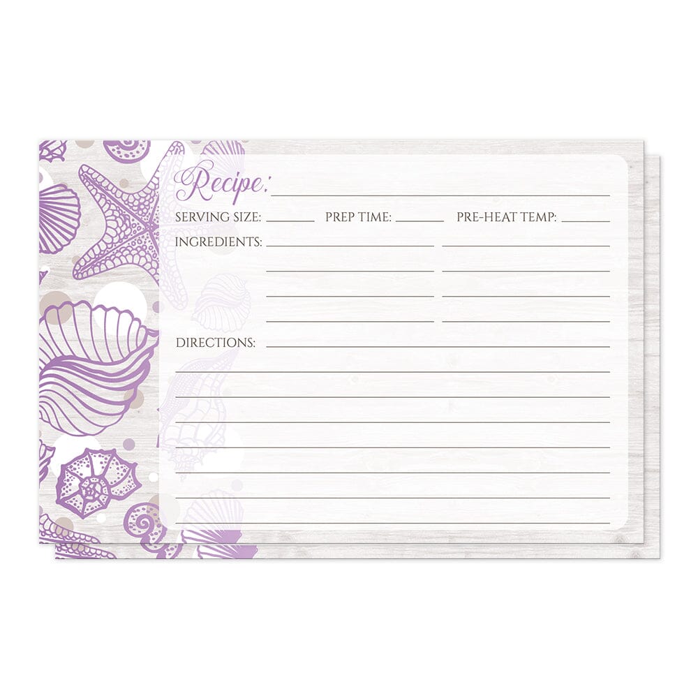 Seashell Whitewashed Wood Purple Beach Recipe Cards at Artistically Invited. Seashell whitewashed wood purple beach recipe cards designed with a purple seashell outline drawing and tan and white dots along the left side, over a light whitewashed wood background illustration. The recipe on these beach recipe cards is to be handwritten over a lightened rectangular area of the design on the remaining area of the recipe cards.