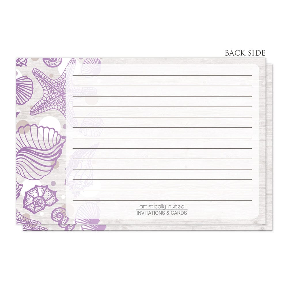 Seashell Whitewashed Wood Purple Beach Recipe Cards (back side) at Artistically Invited. Seashell whitewashed wood purple beach recipe cards designed with a purple seashell outline drawing and tan and white dots along the left side, over a light whitewashed wood background illustration. The recipe on these beach recipe cards is to be handwritten over a lightened rectangular area of the design on the remaining area of the recipe cards.