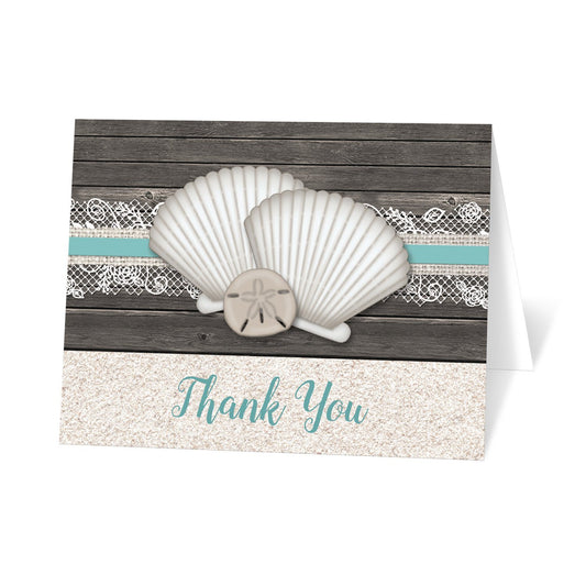 Seashell Lace Wood and Sand Teal Beach Thank You Cards at Artistically Invited