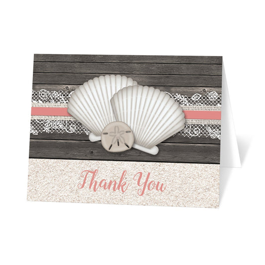 Seashell Lace Wood and Sand Coral Beach Thank You Cards at Artistically Invited