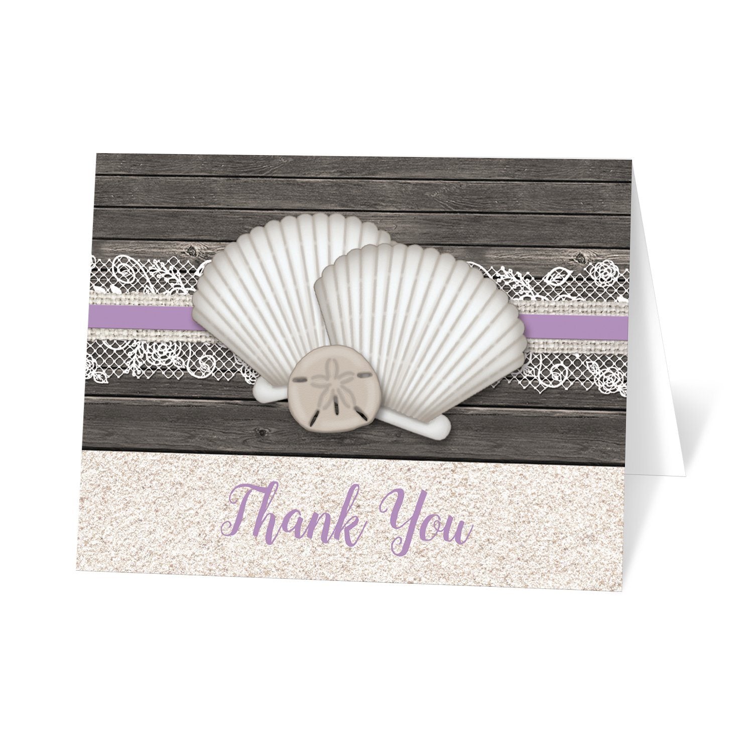 Seashell Lace Wood and Sand Purple Beach Thank You Cards at Artistically Invited