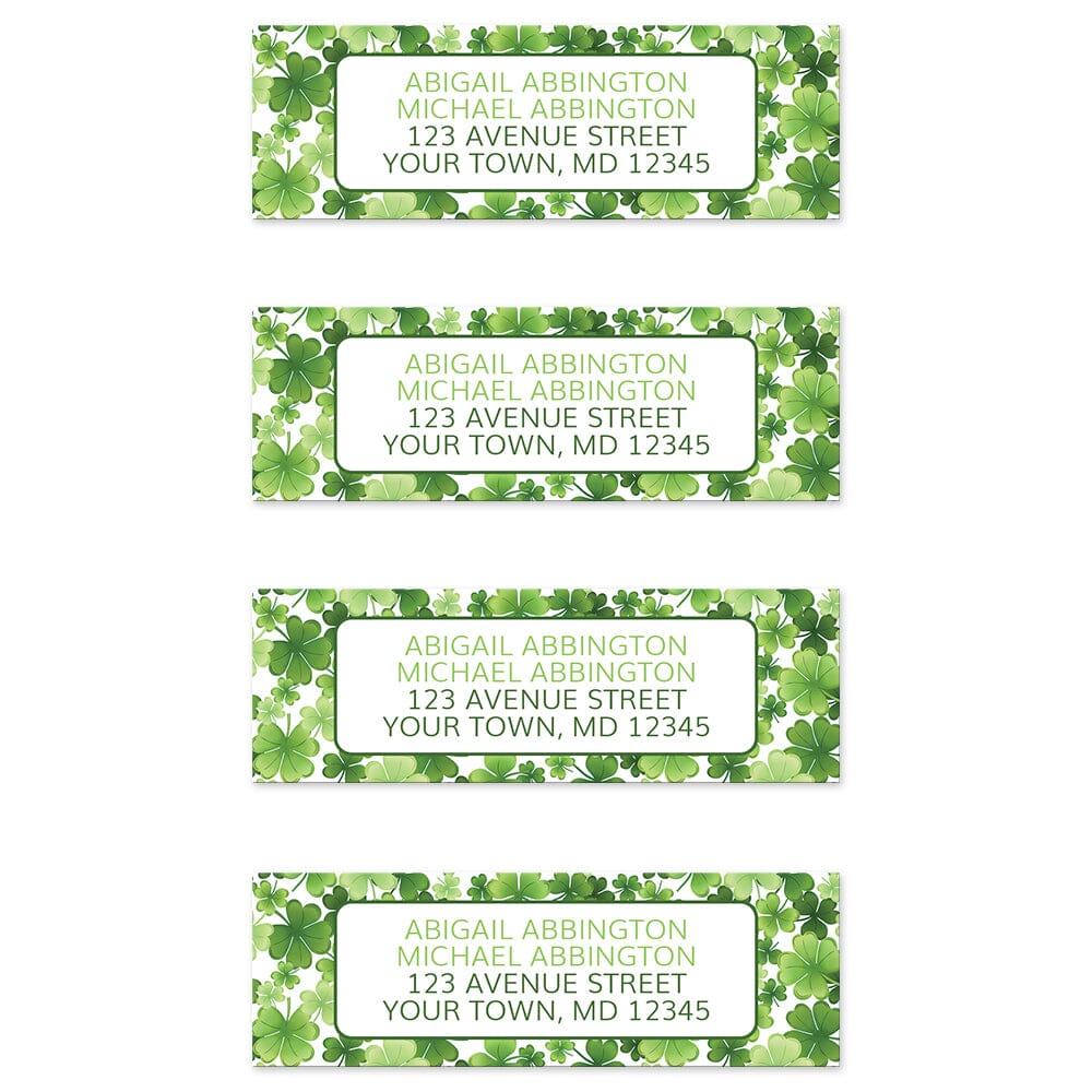 Shamrocks and 4-Leaf Clovers Address Labels (4 to a sheet) at Artistically Invited. Shamrocks and 4-leaf clovers address labels personalized with your return address. These address labels are custom printed with your return address in green inside a white rectangular area outlined in dark green over a gorgeously green pattern design background with shamrocks and 4-leaf clovers in varying sizes and shades of green.