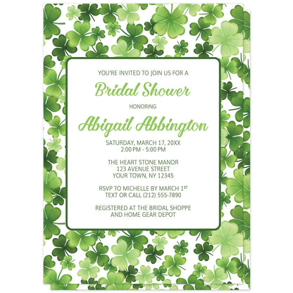 Shamrocks and 4-Leaf Clovers Bridal Shower Invitations (front) at Artistically Invited. Shamrocks and 4-leaf clovers bridal shower invitations designed with a gorgeous luck-inspired green pattern background with shamrocks and 4-leaf clovers in varying sizes and shades of green. Your personalized bridal shower celebration details are custom printed in green on white over the shamrocks and clovers pattern. This vibrant green pattern is also printed on the back side of the invites. 