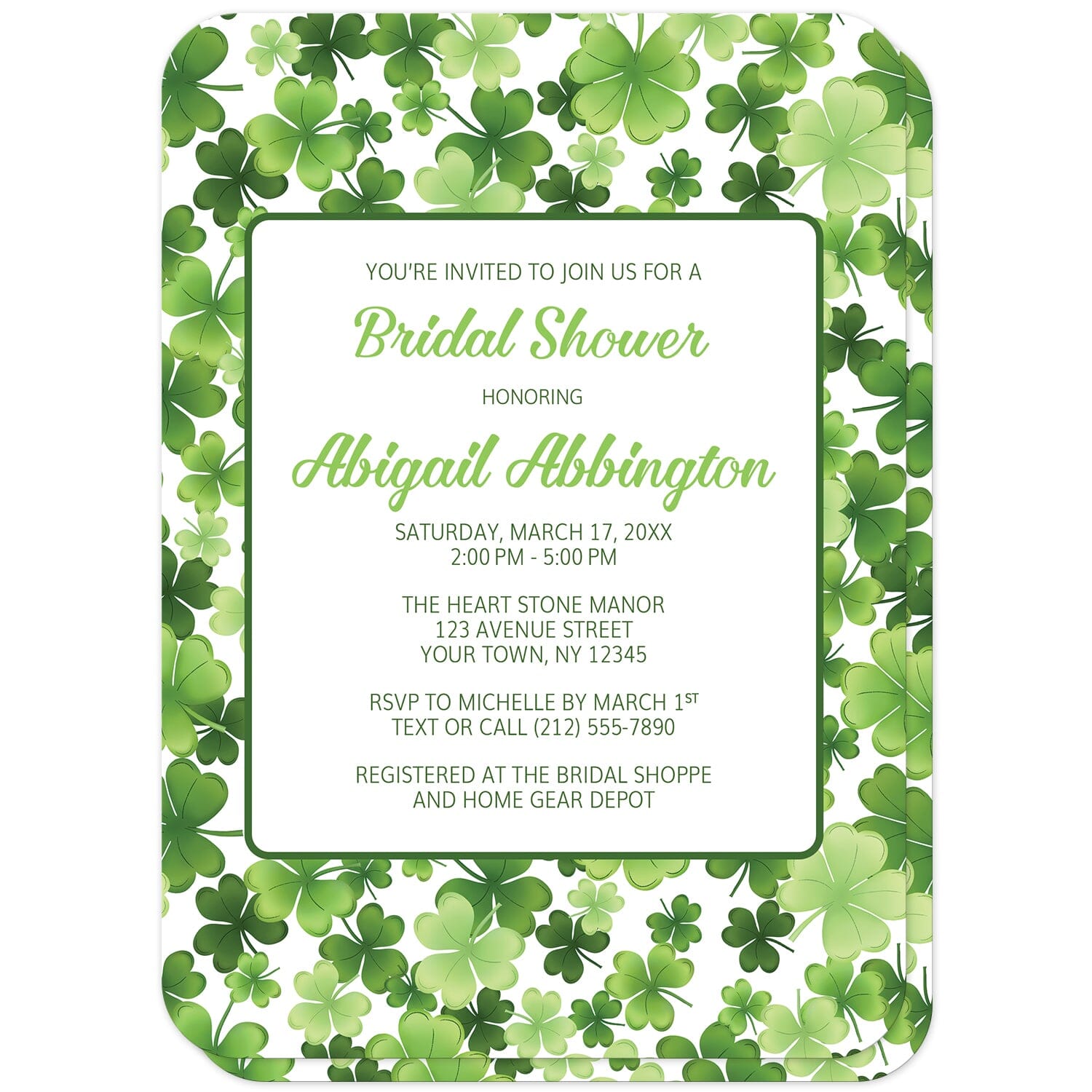 Shamrocks and 4-Leaf Clovers Bridal Shower Invitations (front with rounded corners) at Artistically Invited. Shamrocks and 4-leaf clovers bridal shower invitations designed with a gorgeous luck-inspired green pattern background with shamrocks and 4-leaf clovers in varying sizes and shades of green. Your personalized bridal shower celebration details are custom printed in green on white over the shamrocks and clovers pattern. This vibrant green pattern is also printed on the back side of the invites. 