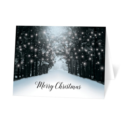 Snowy Winter Road Tree Lights Merry Christmas Cards at Artistically Invited
