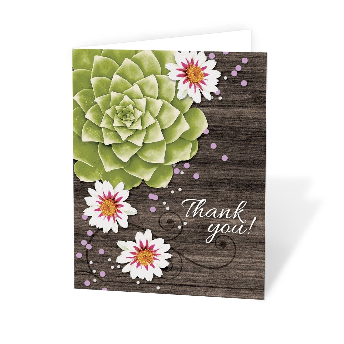 Succulent Rustic Floral Wood Thank You Cards (with purple accents) at Artistically Invited. 