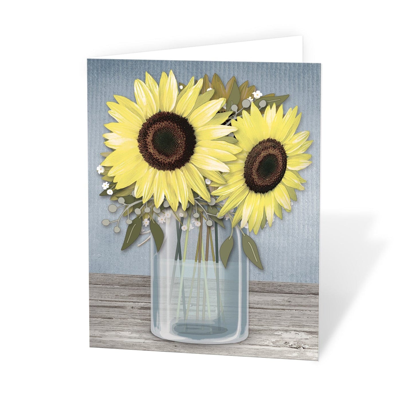 Sunflower Blue Mason Jar Rustic Note Cards at Artistically Invited. Sunflower blue mason jar rustic note cards with a rustic floral theme with yellow sunflowers in a mason jar filled with water, on a light wood tabletop, over a rustic blue background.