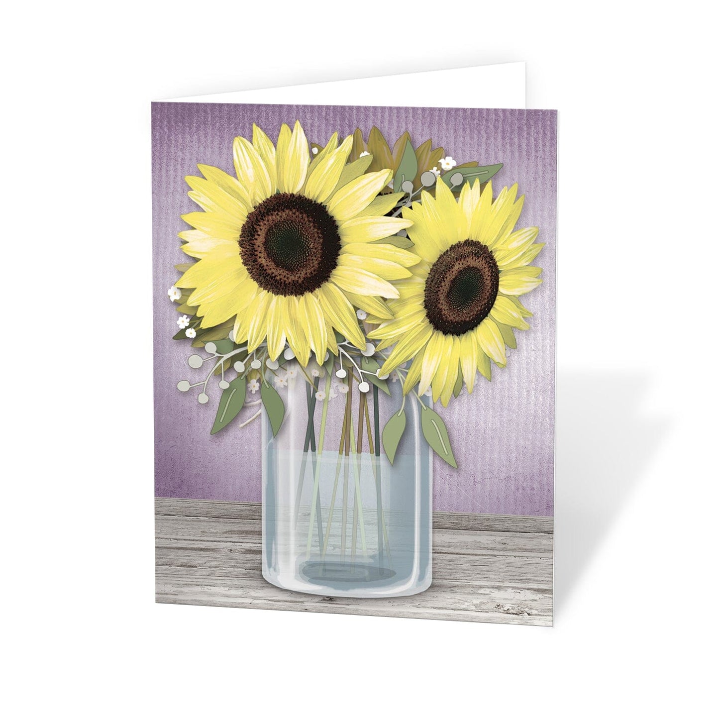Sunflower Purple Mason Jar Rustic Note Cards at Artistically Invited. Sunflower purple mason jar rustic note cards with a rustic floral theme with yellow sunflowers in a mason jar filled with water, on a light wood tabletop, over a rustic purple background.