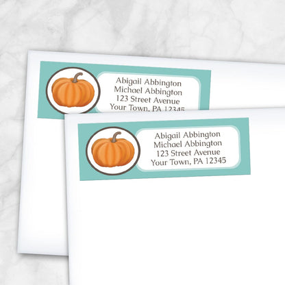 Teal Pumpkin Return Address Labels (shown on envelopes) at Artistically Invited.