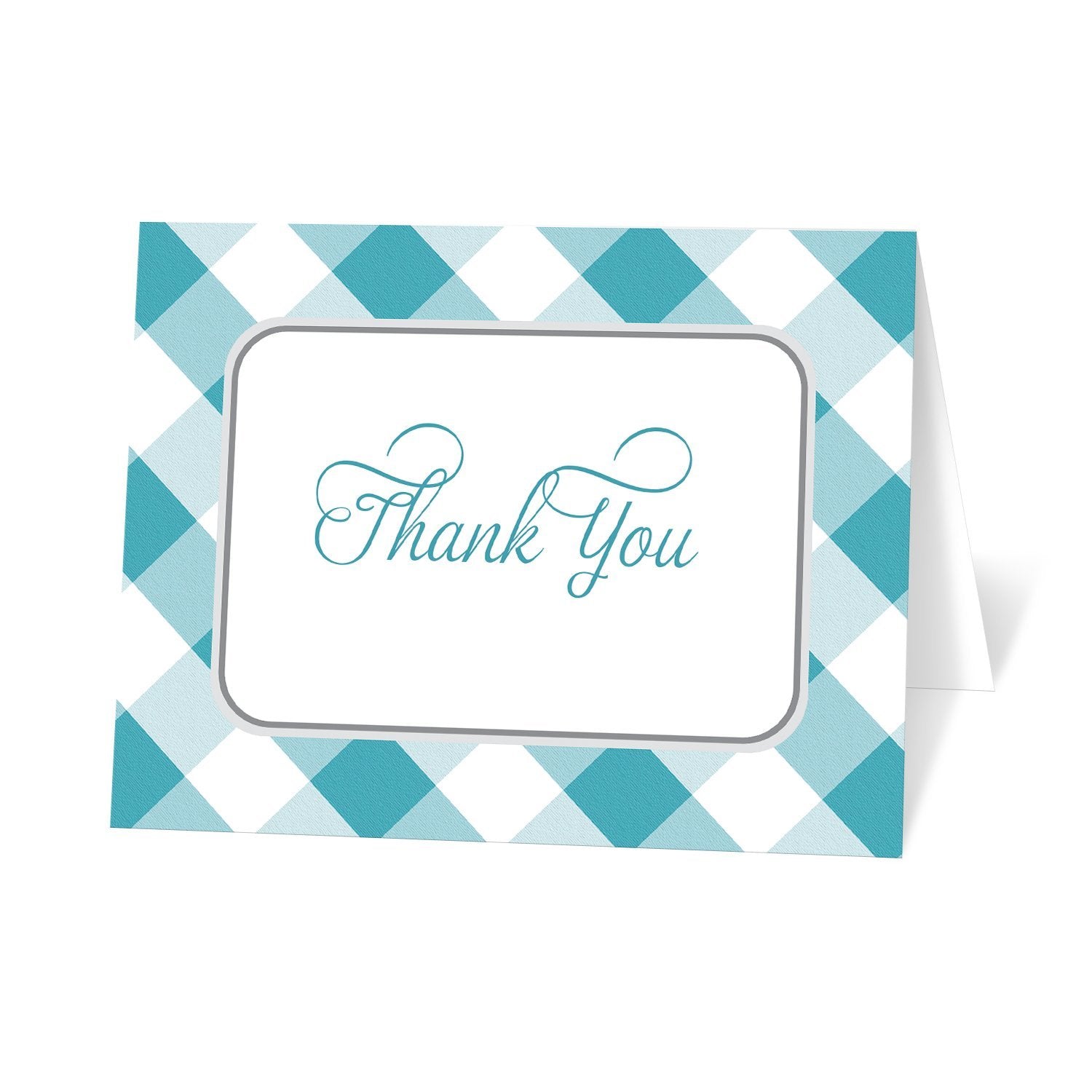 Turquoise Gingham Thank You Cards at Artistically Invited. Turquoise gingham thank you cards with 'Thank You' printed in a turquoise script font inside a white rounded corner frame outlined in gray. The background of these turquoise gingham thank you cards is a classic southern turquoise and white gingham pattern. 