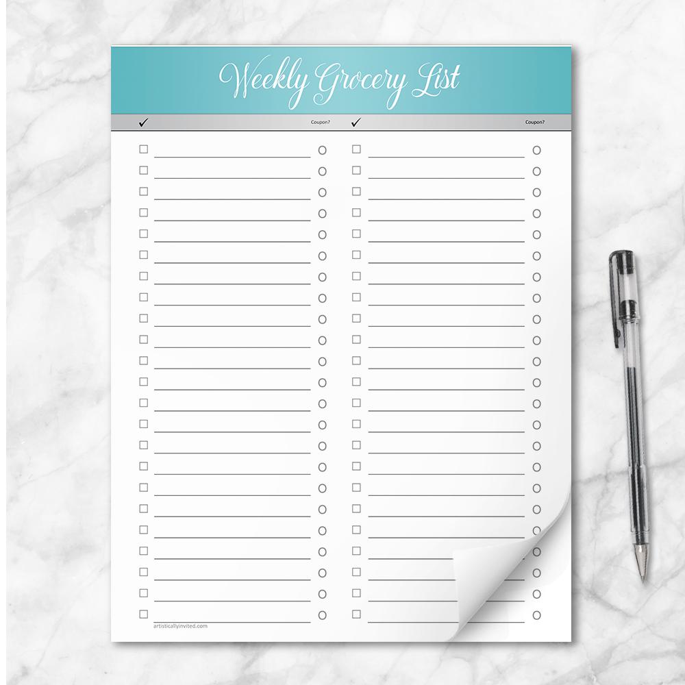 Turquoise Header Full Page Weekly Grocery List - 8.5" x 11" Notepad